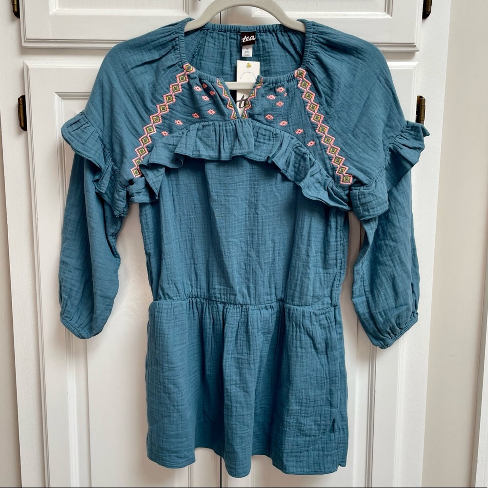 NWT Tea Collection Embroidered Ruffle Dress Teal Size 10 - Picture 2 of 14